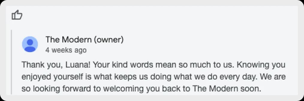 The Modern's response to Luana's review, expressing gratitude for her kind words