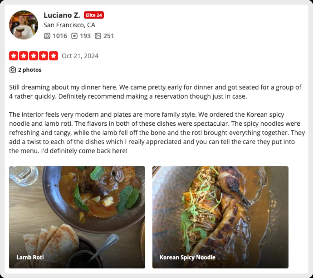Luciano Z.'s Yelp review on flavorful Korean spicy noodles and lamb roti.