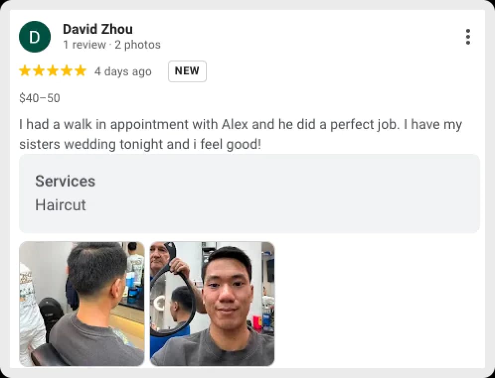David Zhou's review on perfect haircut service for a wedding