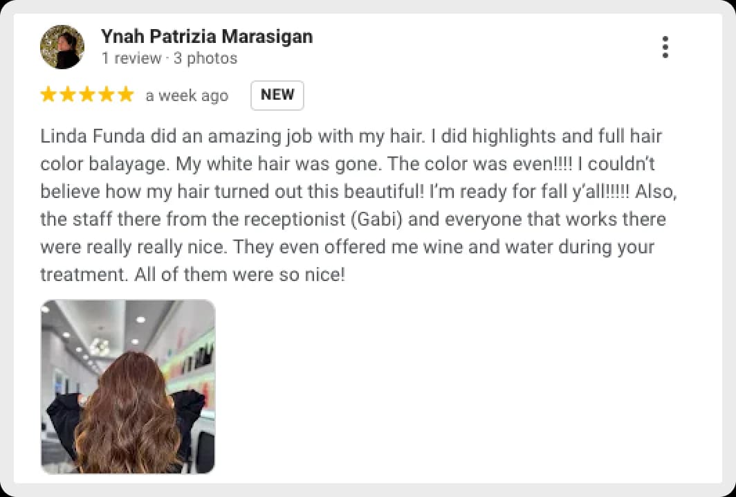 Review of Linda Funda's hair service with highlights and full balayage
