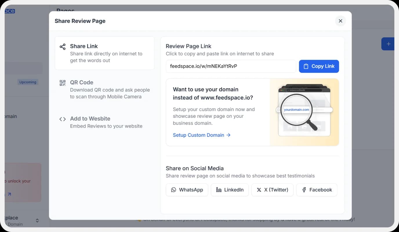 Popup window showing Social media sharing options