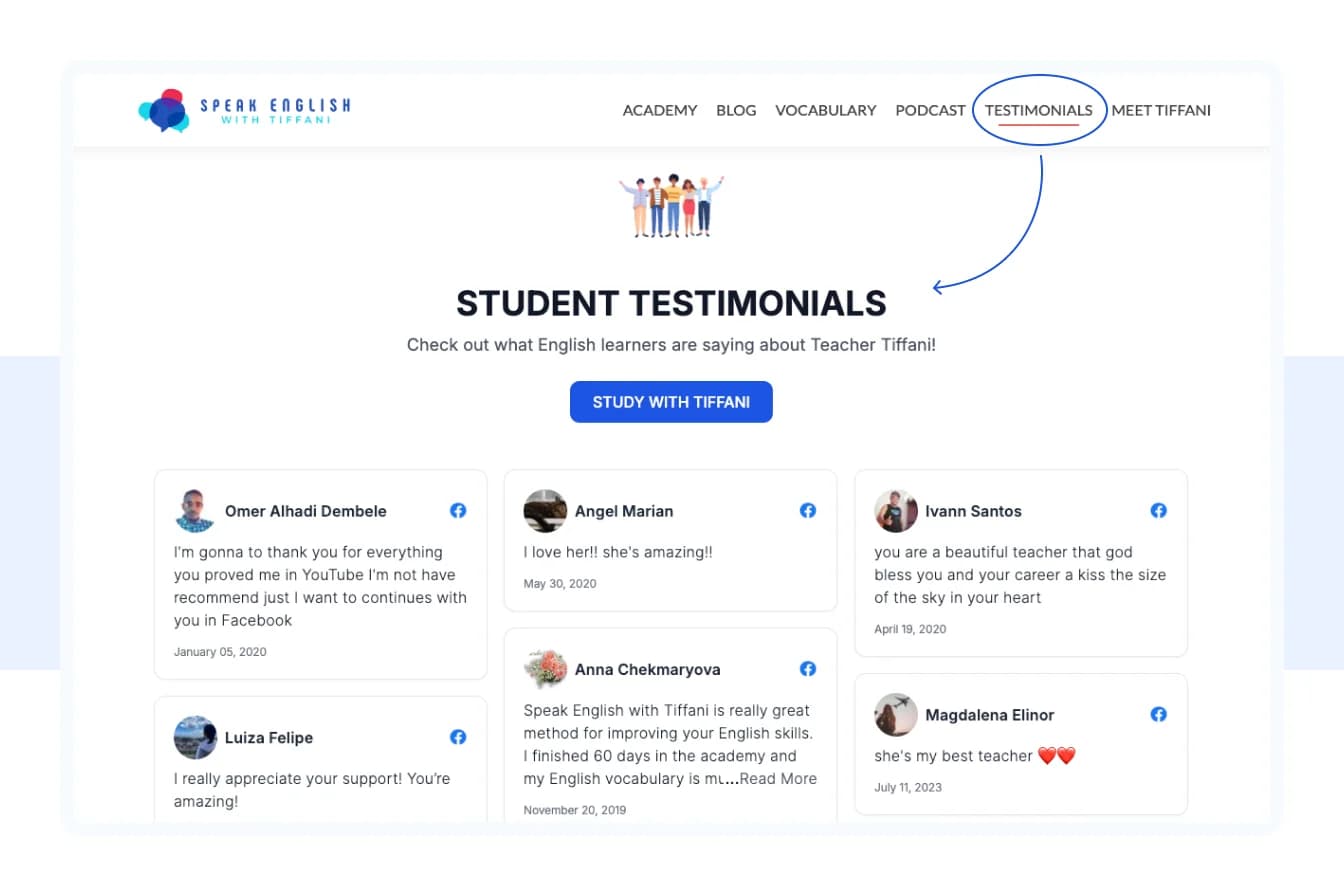 Add student testimonials on your website for social proof