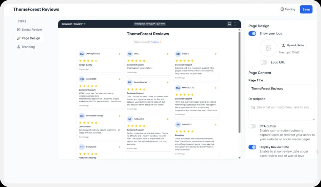 Settings for customizing the Wall of Love display