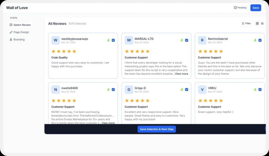 Select reviews to add to the Wall of Love