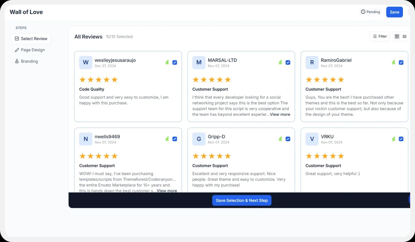 Select reviews to add to the Wall of Love