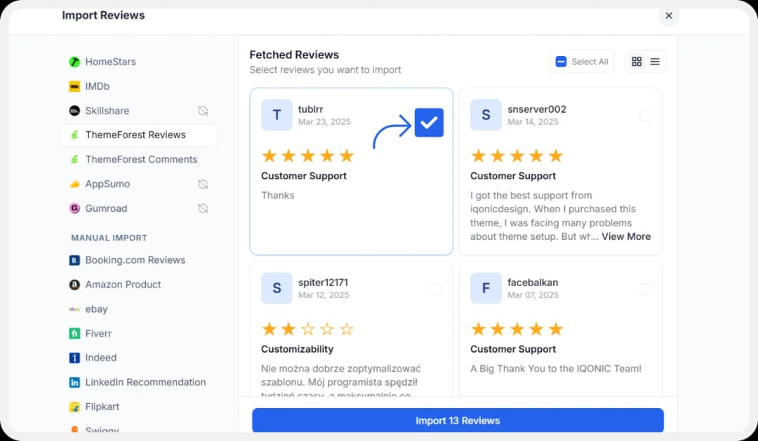 Selecting Favorite Themeforest Reviews for Import