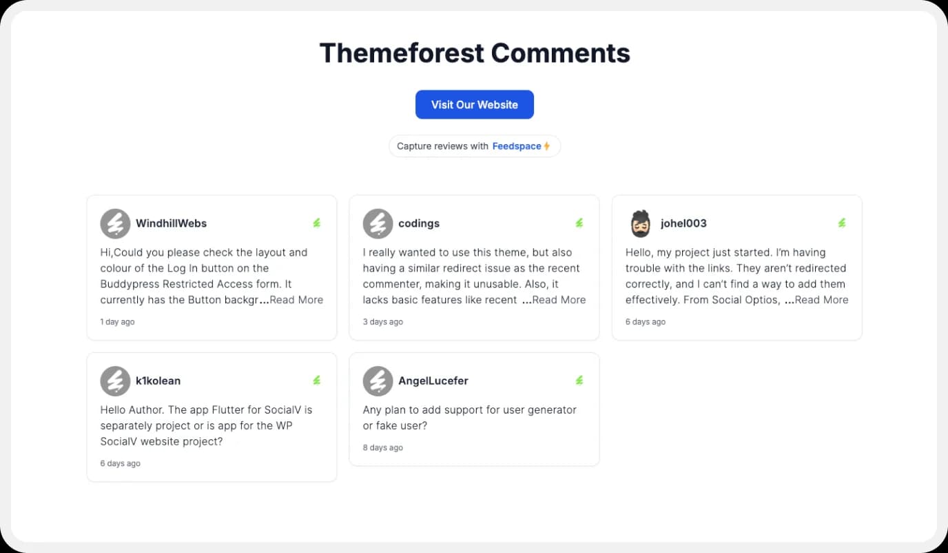 Creating Wall of Love to embed Themeforest comments on website