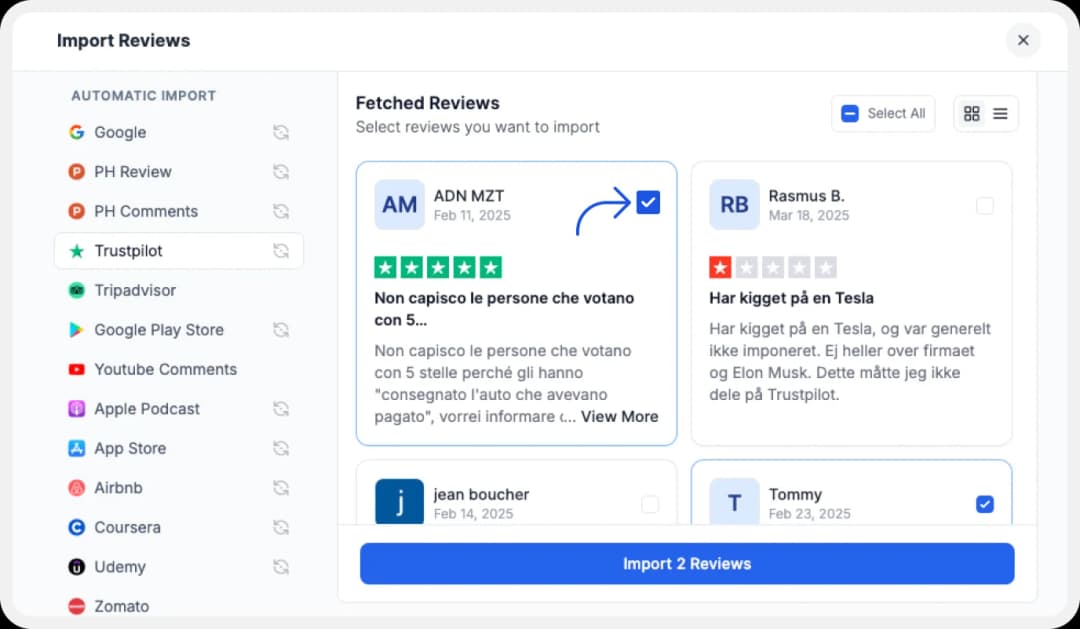 Selecting Favorites trustpilot reviews to import
