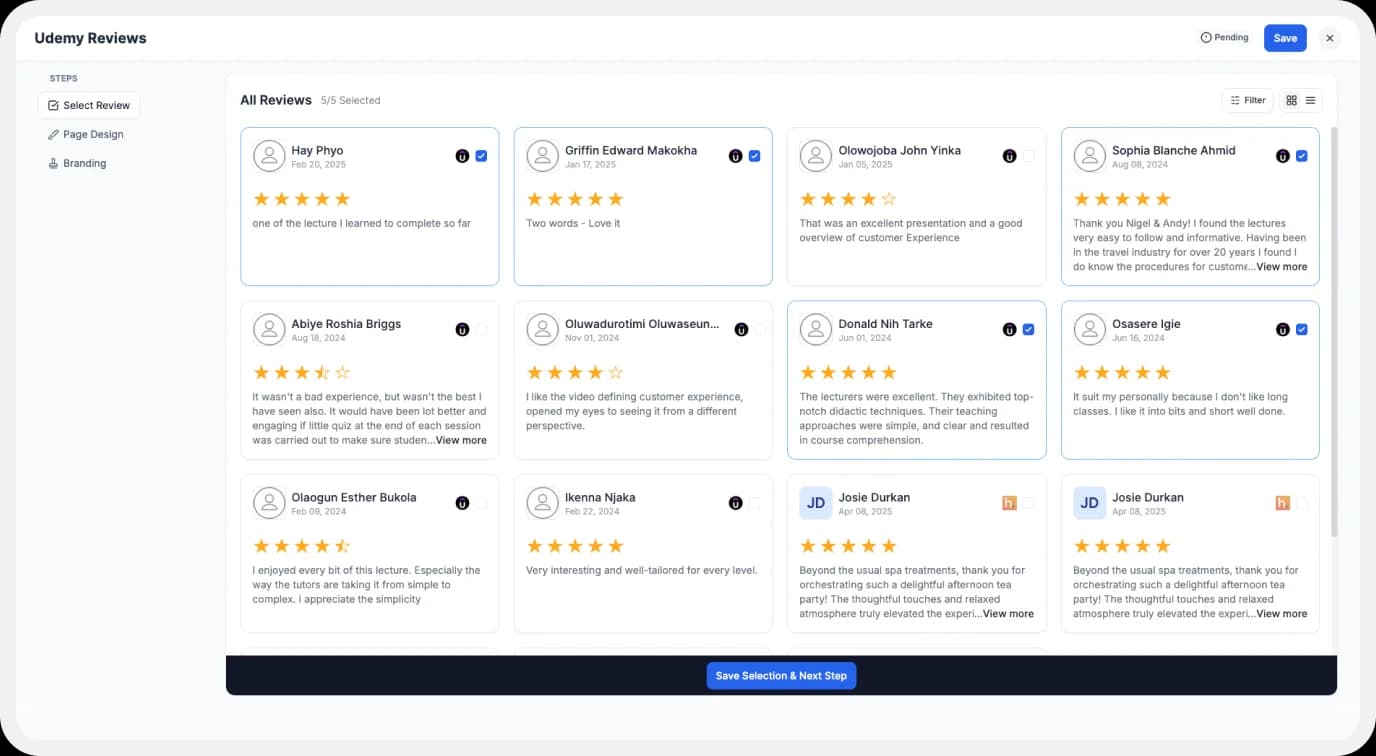 Selecting Udemy reviews to show in Wall of Love