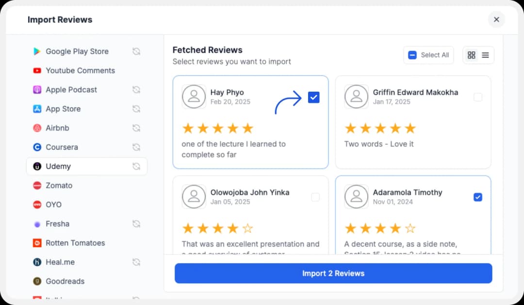 Selecting Favorites udemy reviews to import