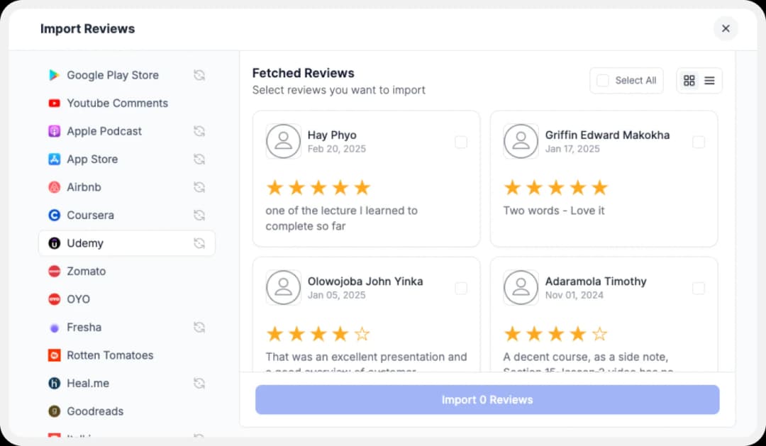 Importing reviews from Udemy