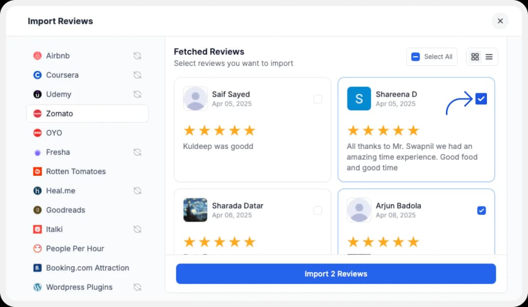 Selecting Zomato reviews to import