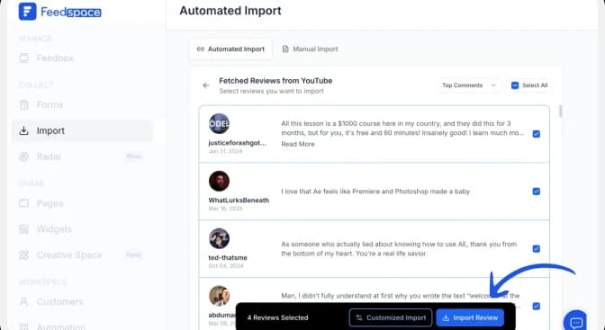 Select the fetched YouTube comments you want to import