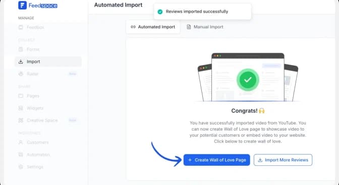 Reviews imported successfully message in Feedspace