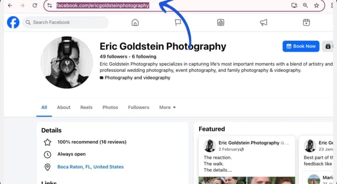 Copy your Facebook business page URL from the address bar