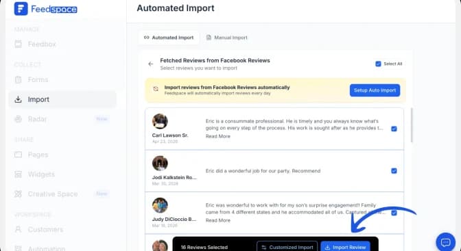 Select the fetched Facebook reviews you want to import