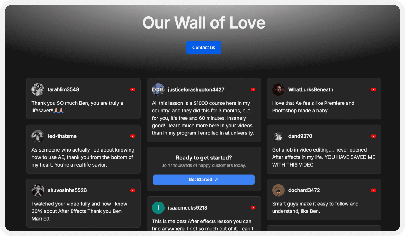 Wall of Love displaying imported YouTube comments