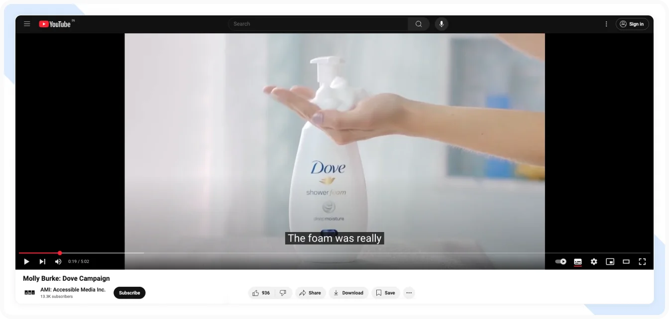 Molly Burke posing with Dove campaign branding, promoting inclusivity and authentic beauty