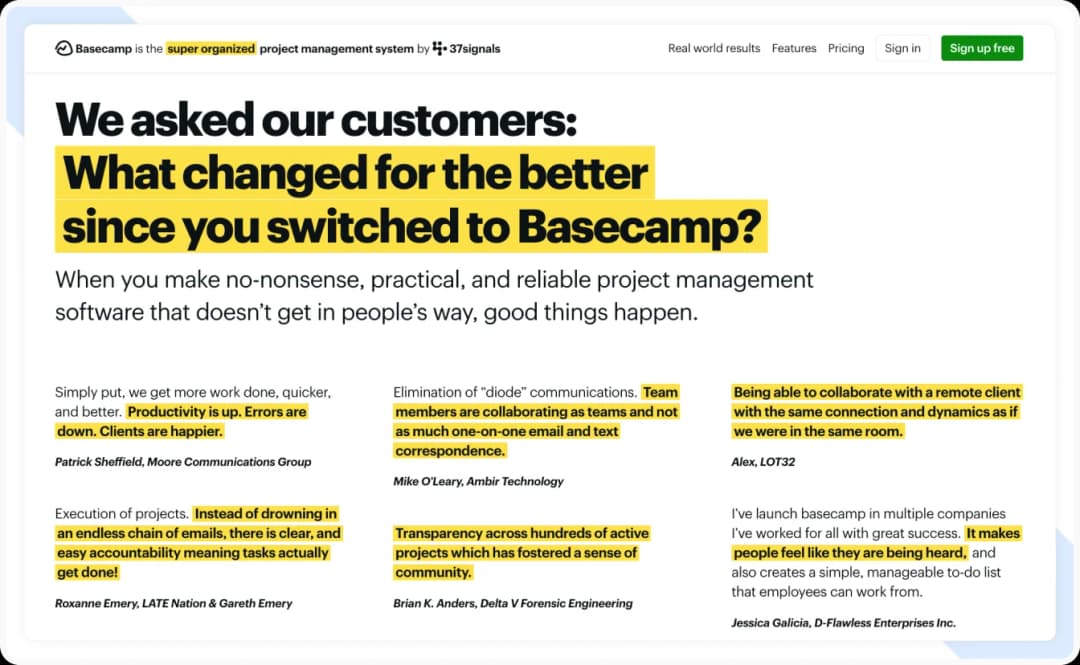 Basecamp testimonial page displaying customer stories in a structured layout