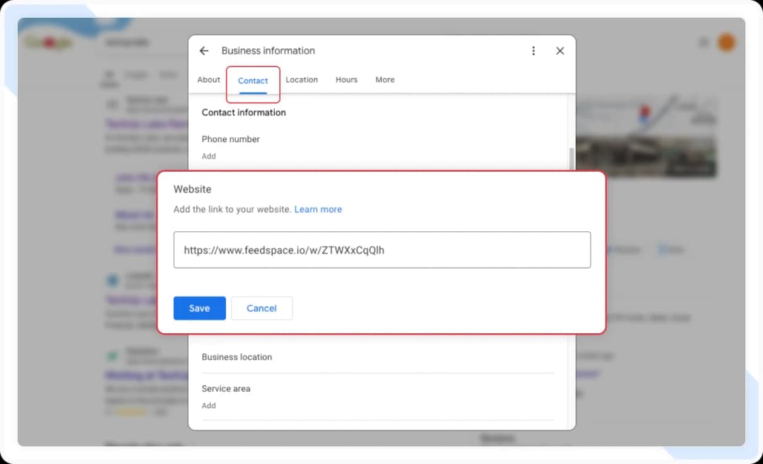 Google Business Profile showing Contact button to add a website link