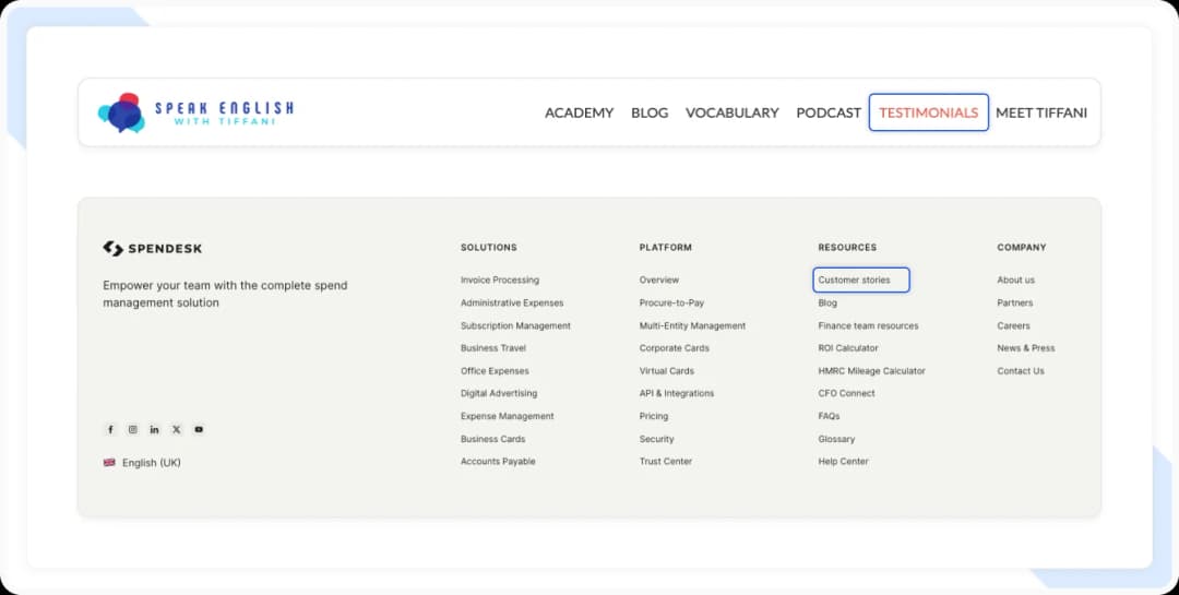 Website navigation and footer displaying testimonial and customer stories link