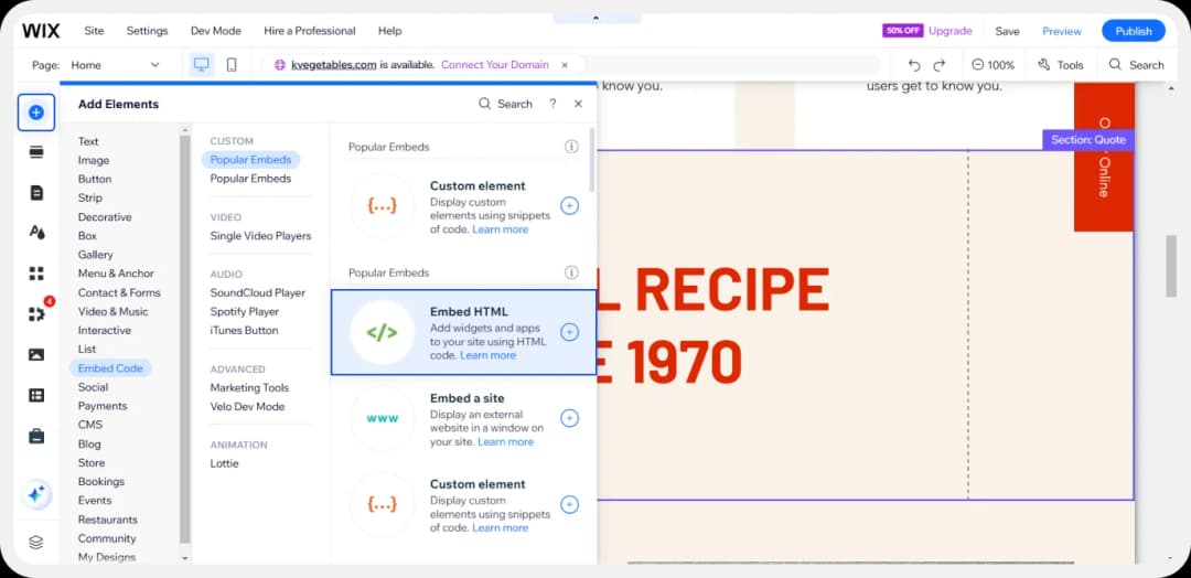 Click on “Embed HTML” to add Google reviews on Wix