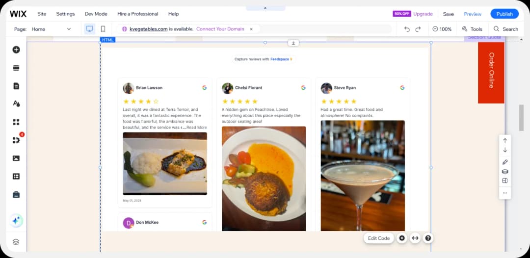 Google reviews successfully embedded on a Wix website