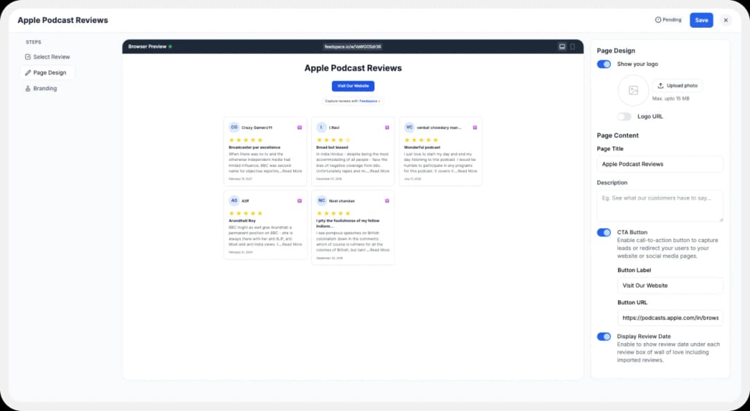 Displaying Options to customize Wall of Love