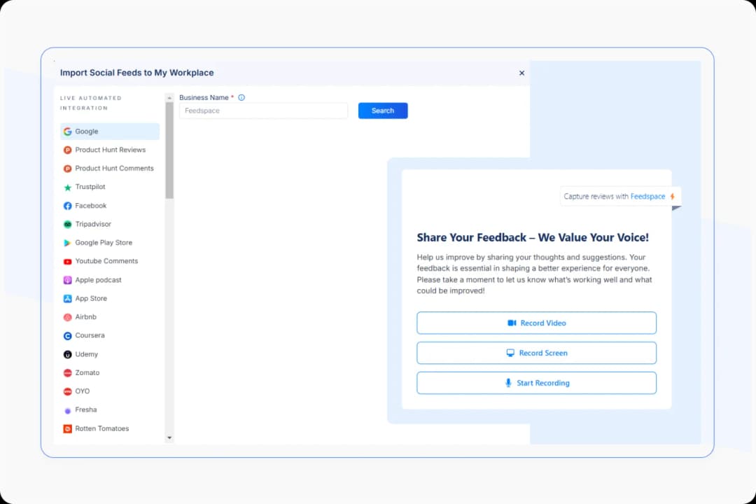 A dashboard displaying collected customer reviews from various online platforms