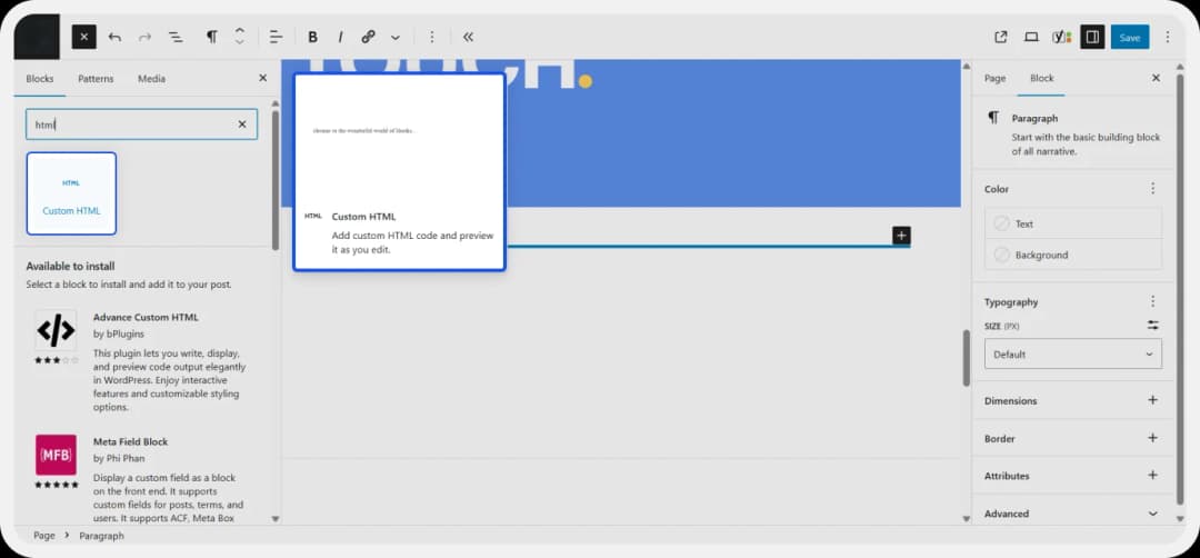 Selecting the Custom HTML block in the WordPress editor