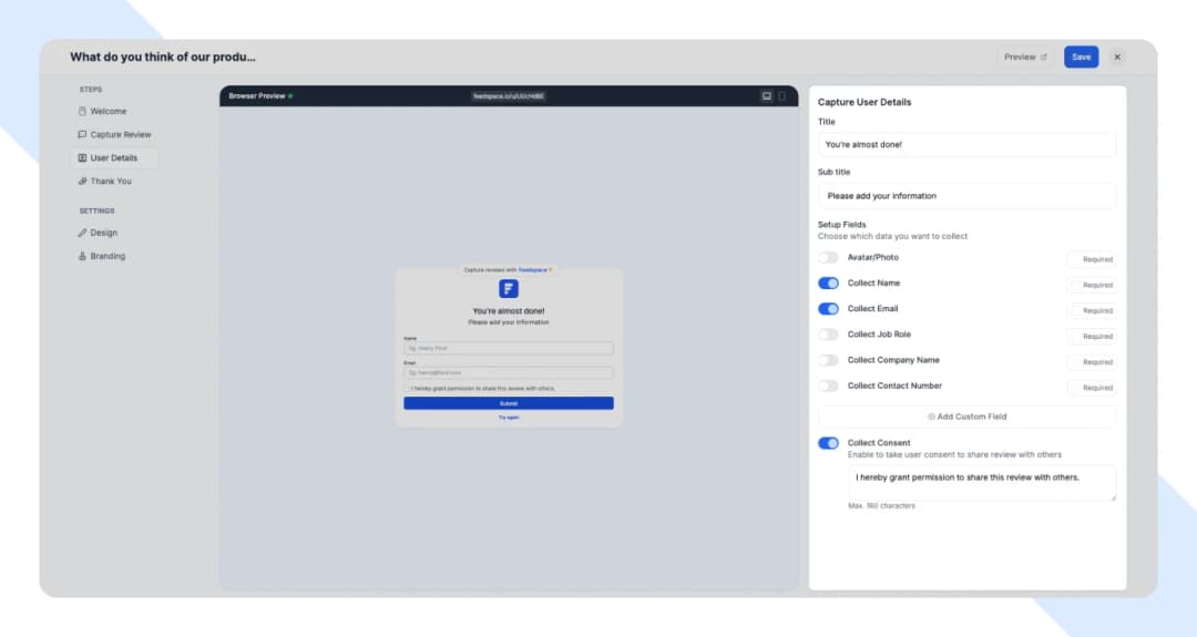 Feedspace Create Feed Form interface with options to customize form details