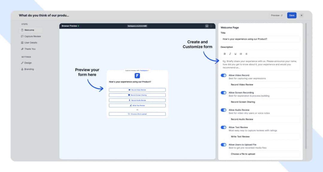 Feedspace form setup with media recording options