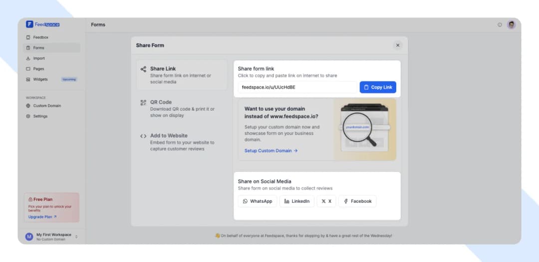 Feedspace form sharing page with social media and QR code options