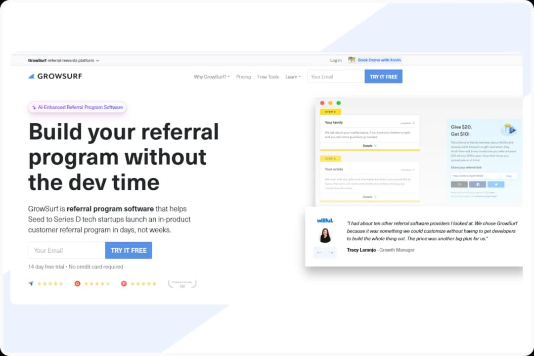Growsurf website showing testimonial advertising with customer reviews