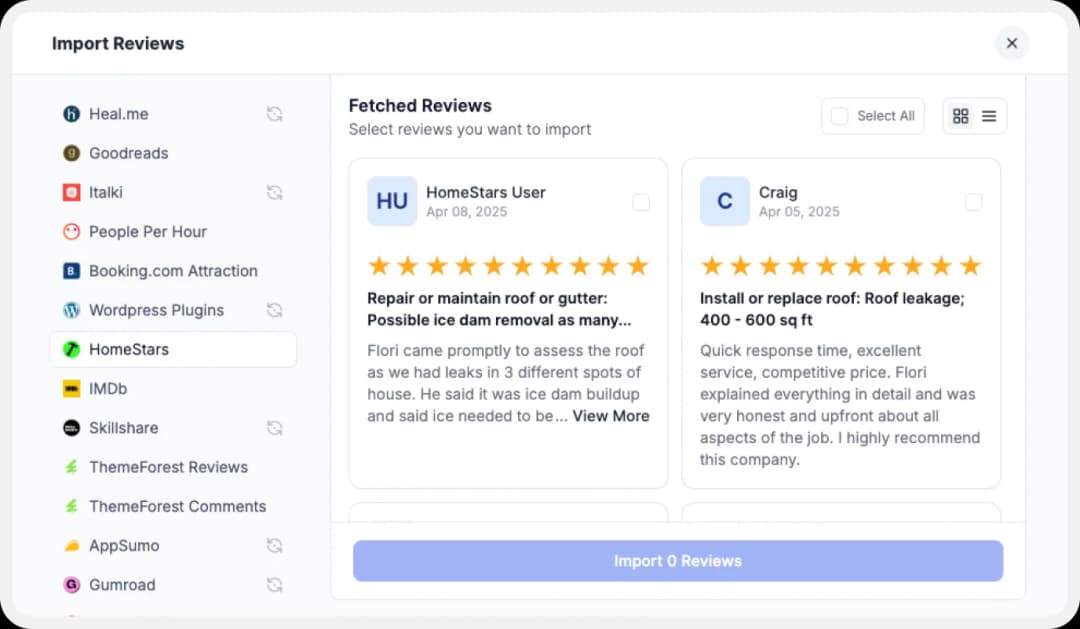 Importing Homestars reviews