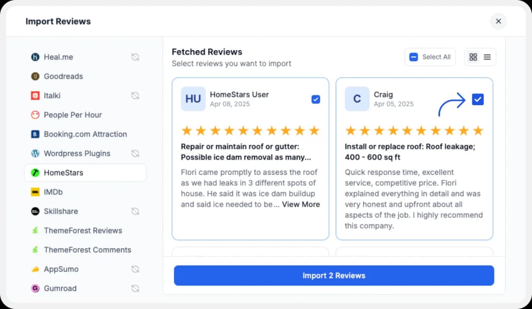 Picking up Homestars reviews to import