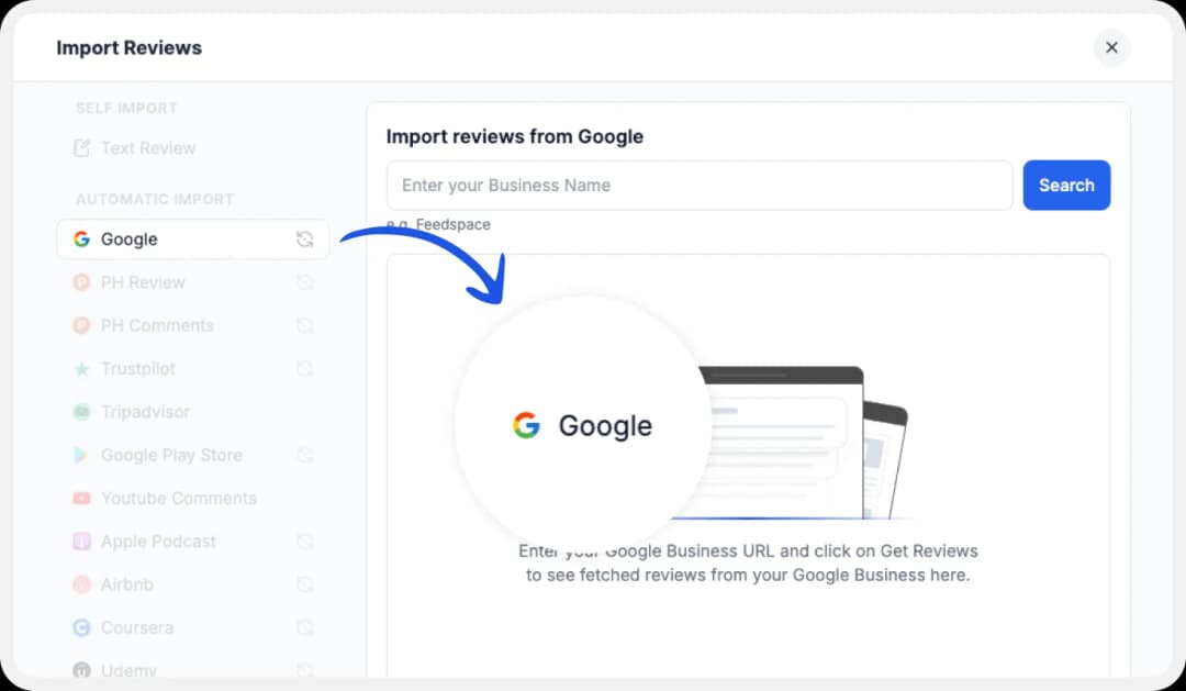 Platforms list to import Google reviews to Feedspace.