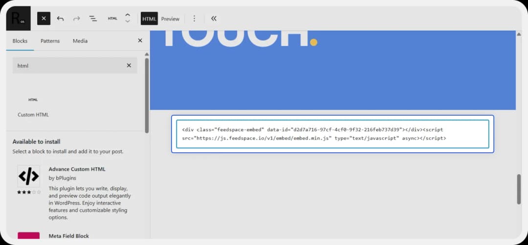 Pasting the Google reviews embed code into the HTML block