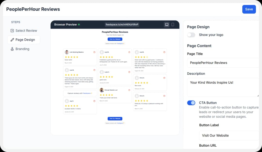 Display settings for customizing Wall of Love