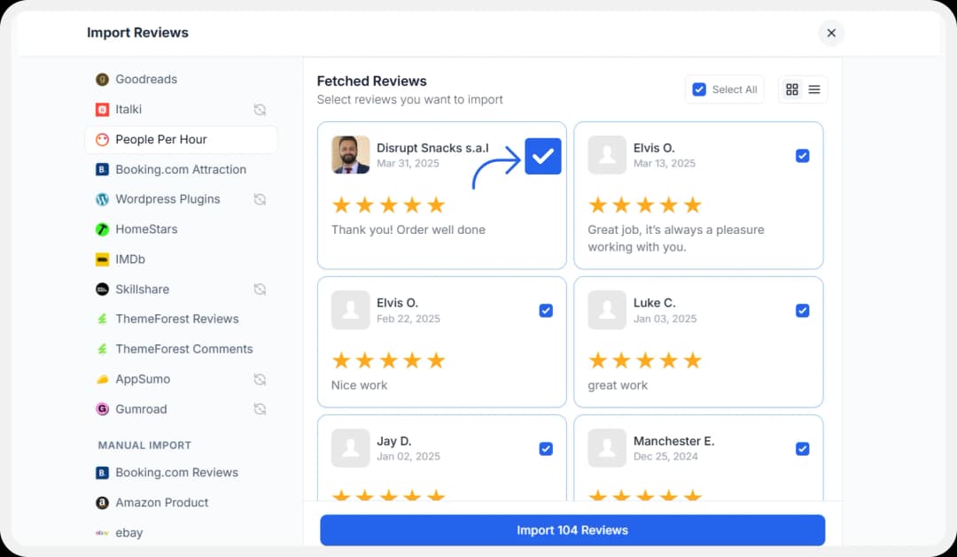 Choosing PeoplePerHour reviews reviews to import