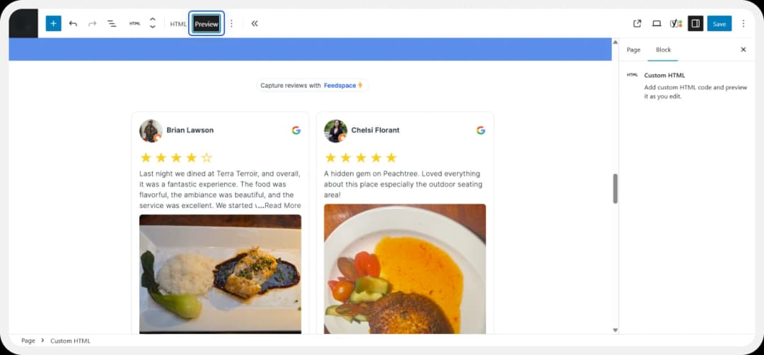 Previewing the embedded Google Reviews Wall of Love in WordPress