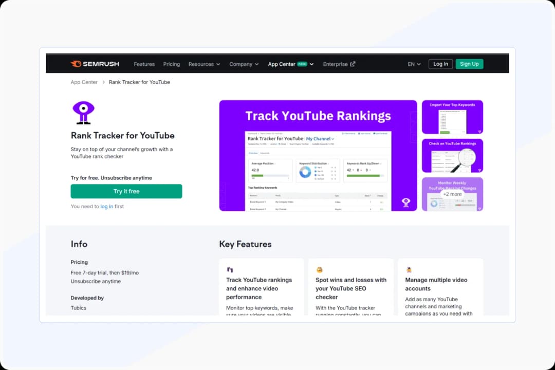 SEMRush Video Rank Tracker for YouTube keyword monitoring