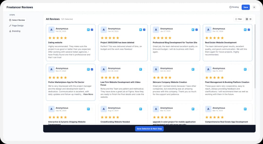 Select Freelancer Reviews to create Wall of Love
