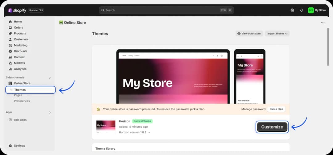 Navigate to Online Store Themes Customize in Shopify