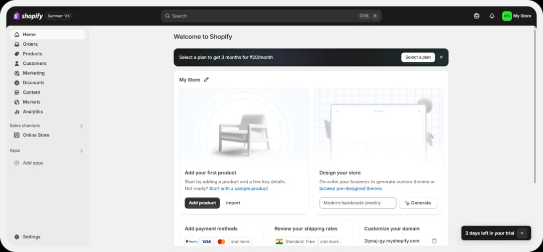 Shopify Dashboard after login screen