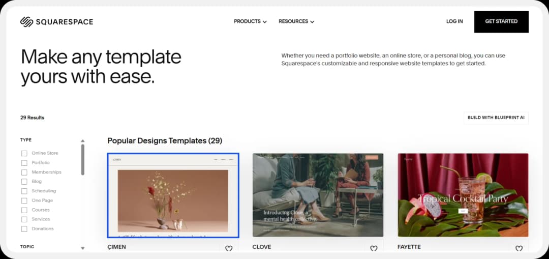 Squarespace dashboard current template selection