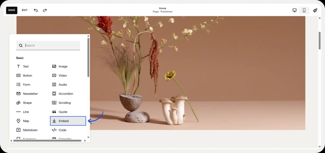 Select Embed option in Squarespace editor