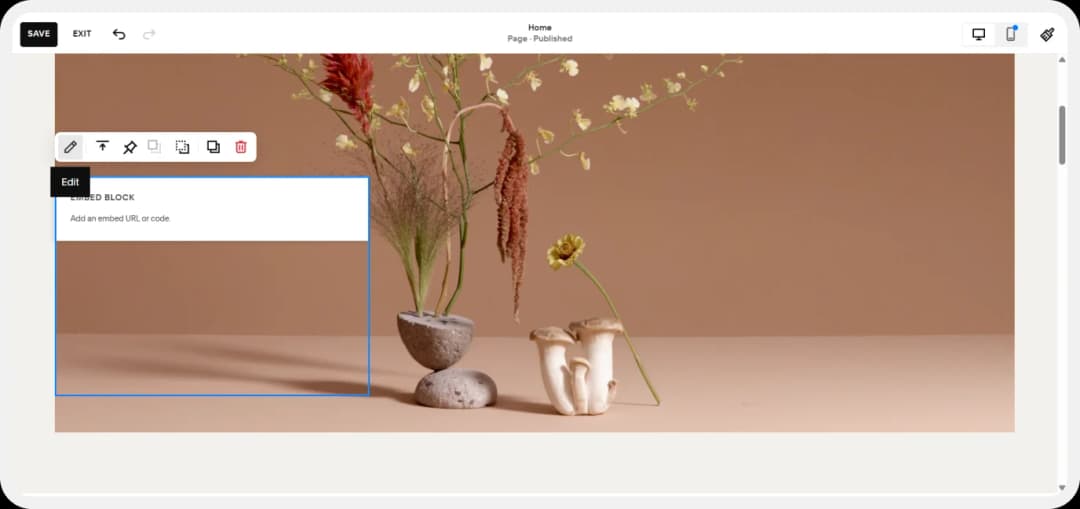 Edit embed block option in Squarespace