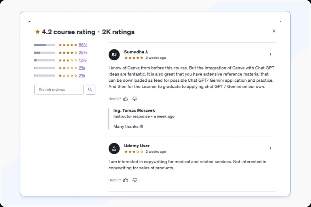 Student reviews on Udemy highlighting course experiences and feedback