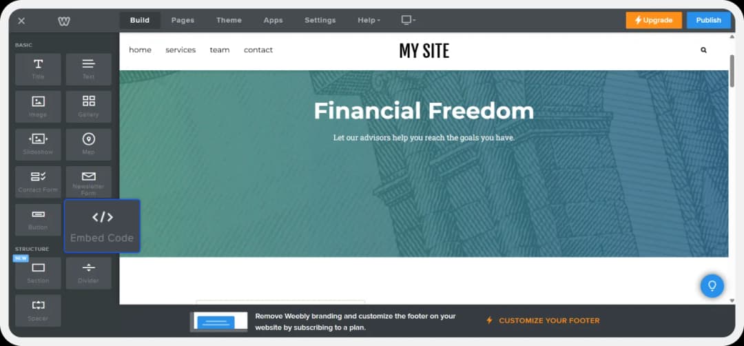 Navigating to the Embed Code option in the Weebly editor